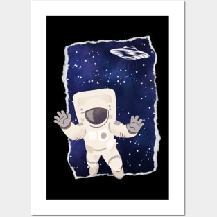 Floating astronaut Ufo alien abduction funny cute spaceship moon mars cosmic space Posters and Art